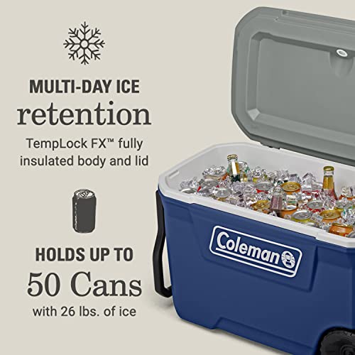 Coleman Classic Series Insulated Portable Wheeled Cooler for Outdoor Adventures Keeps Ice Up to 5 Days, 62-Quart Leak-Re