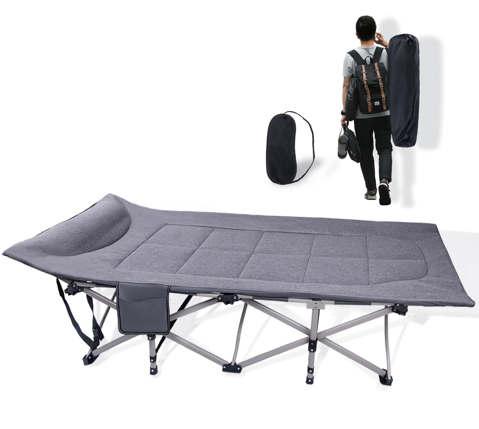 KAKO Heavy Duty 600 Lbs Portable Camping Bed for Adults, Folding Cot with Carry Bag, Grey