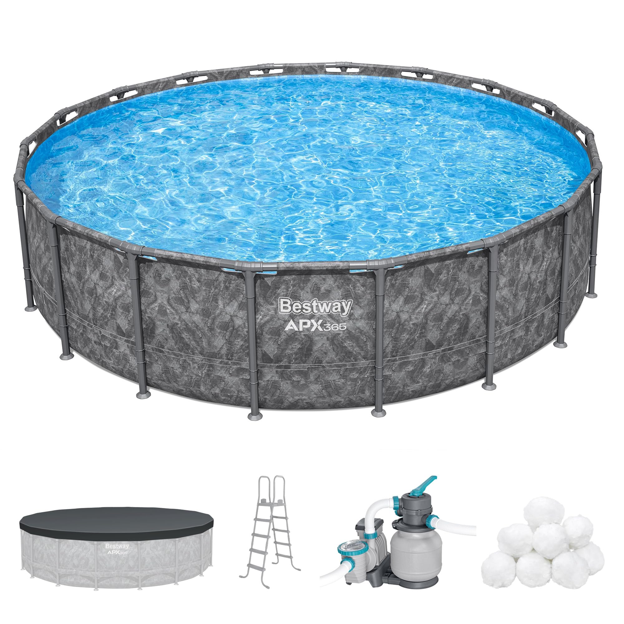Bestway APX 365 Dark Marble 18' x 52" Round Swimming Pool for Outdoor Backyard with Sand Filter Pump and Ladder